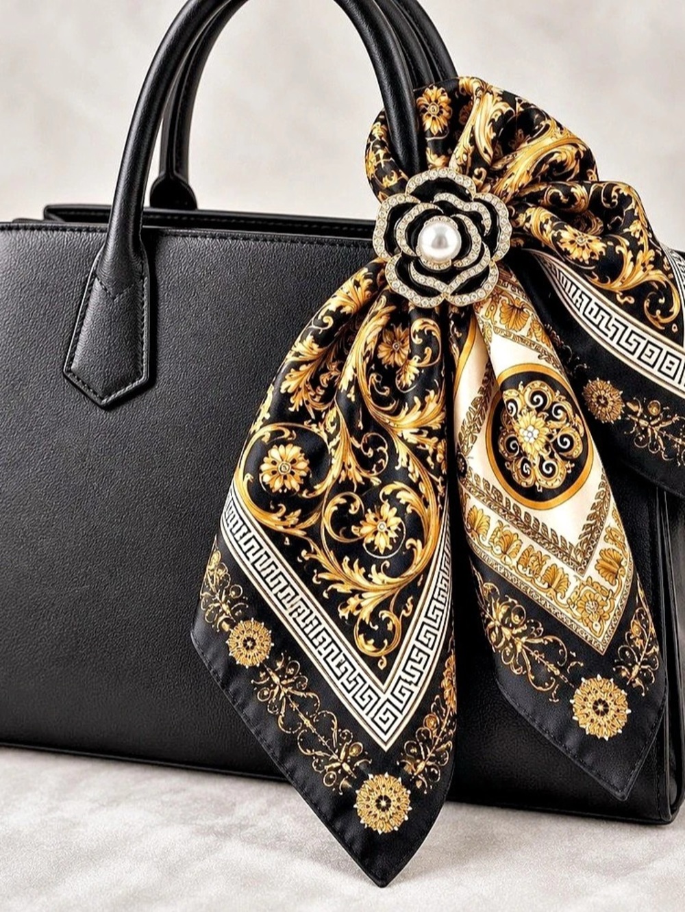 Black Gold Baroque Scarf with Rhinestone Rose Brooch